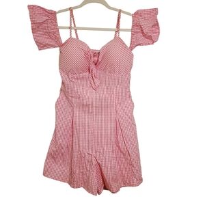 FB Sister | Ladies' Pink and White Gingham Shorts Romper (Size Medium)